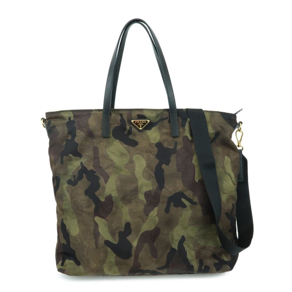 Prada Triangle Logo Nylon Saffiano Leather Tote Camouflage